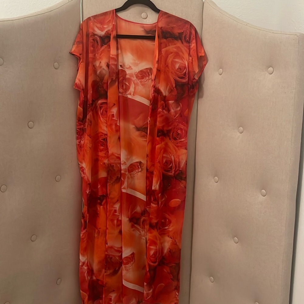 Custom Made Red and Black Floral Shiny Fabric Sleeveless Long Kimono